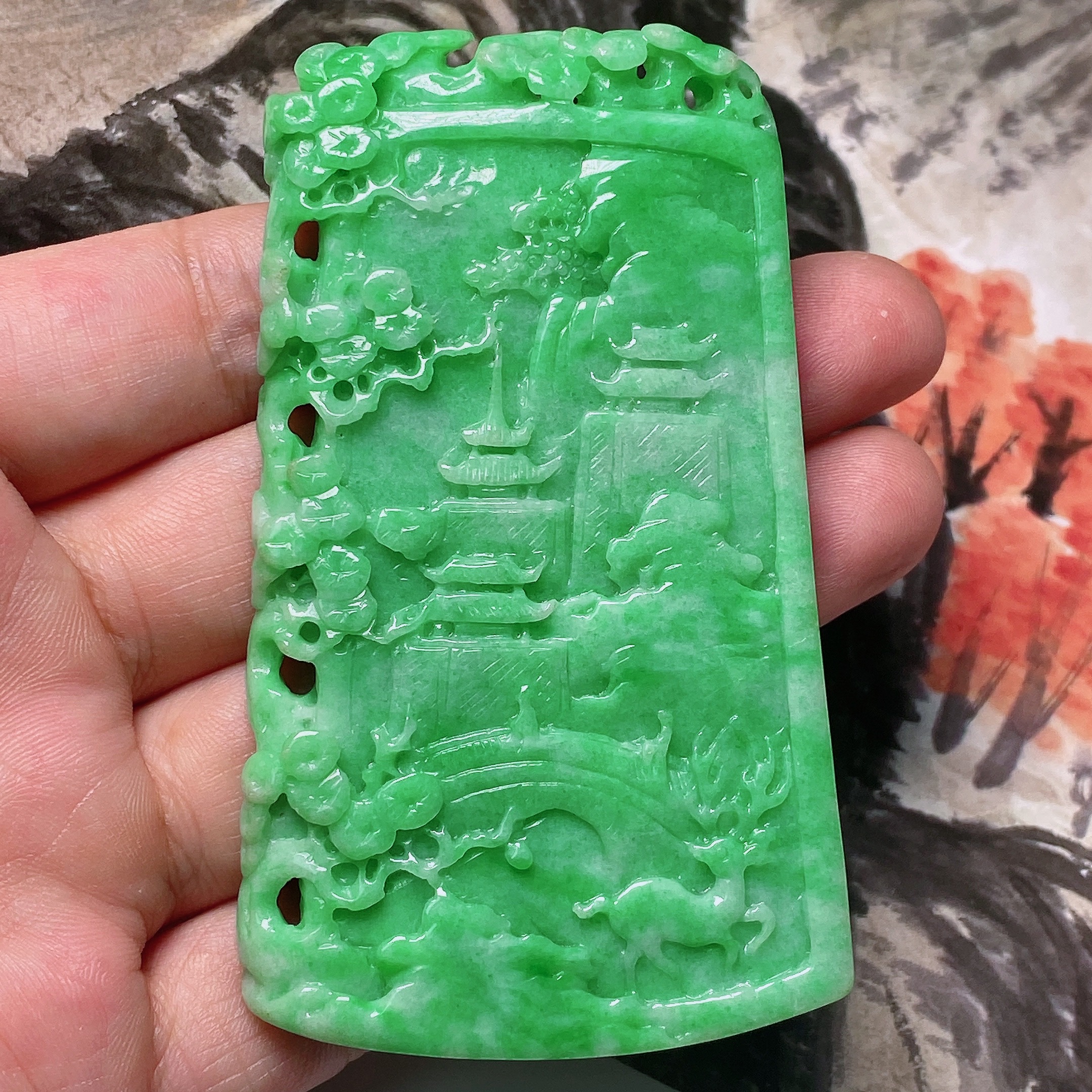 【晓荷】天然缅甸A货翡翠 满绿山水牌