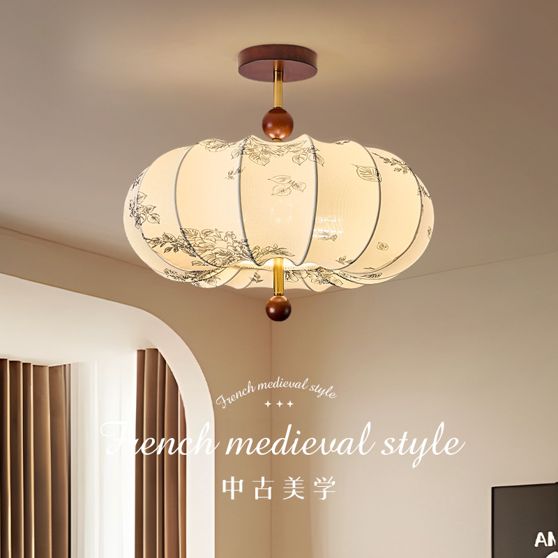 中古侘寂风餐厅半吸吊灯蚕丝布艺客厅灯 国风描绘复古房间灯