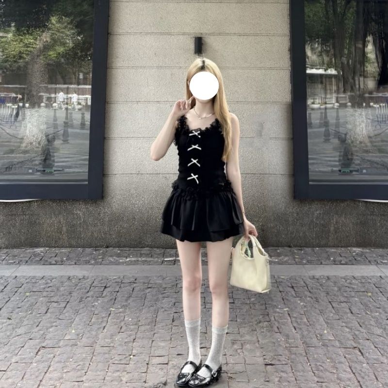 蝴蝶结小众洋气时髦花边拼接设计上衣半身裙两件套女夏季新款套装