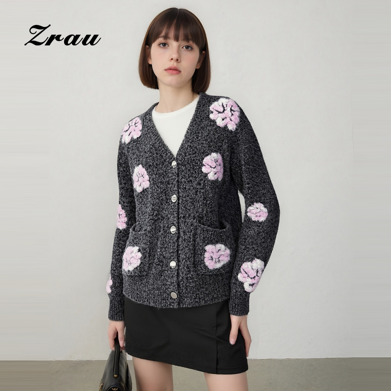 ZRAU复古经典V领钩花设计开衫毛衣针织衫Z1244M0027