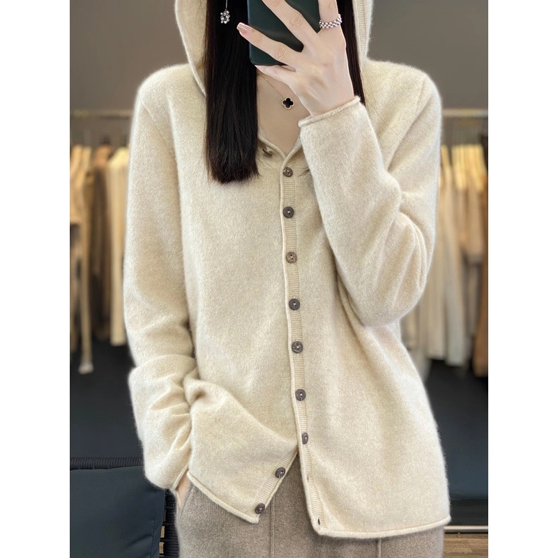 【一线成衣】羊毛开衫女连帽宽松休闲毛衣秋冬新款长袖打底衫