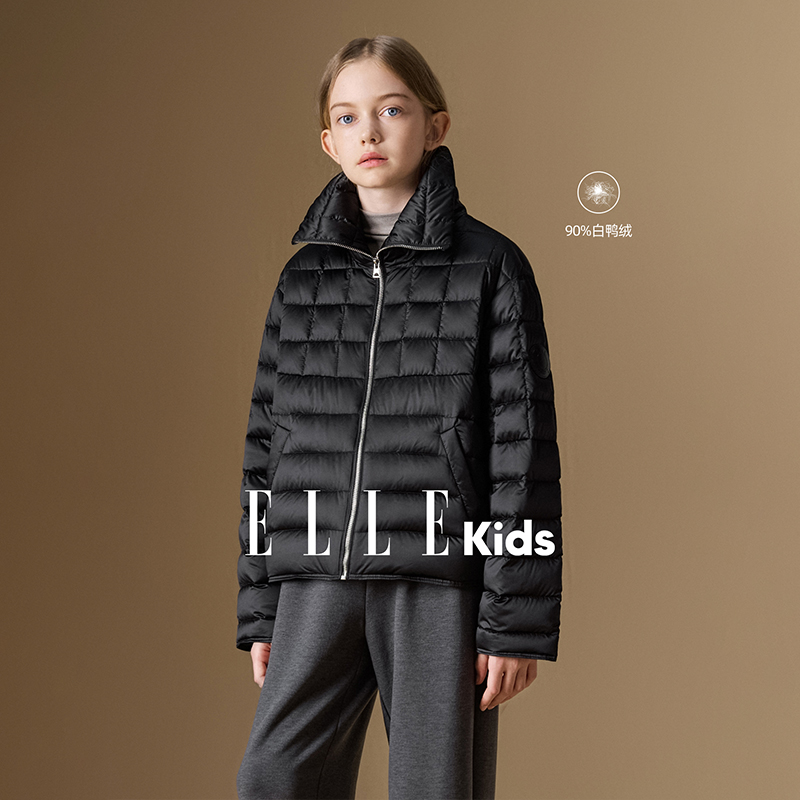 ELLE KIDS童装 复古可立领羽绒服女童拉链款显瘦外套90%白鸭绒N1