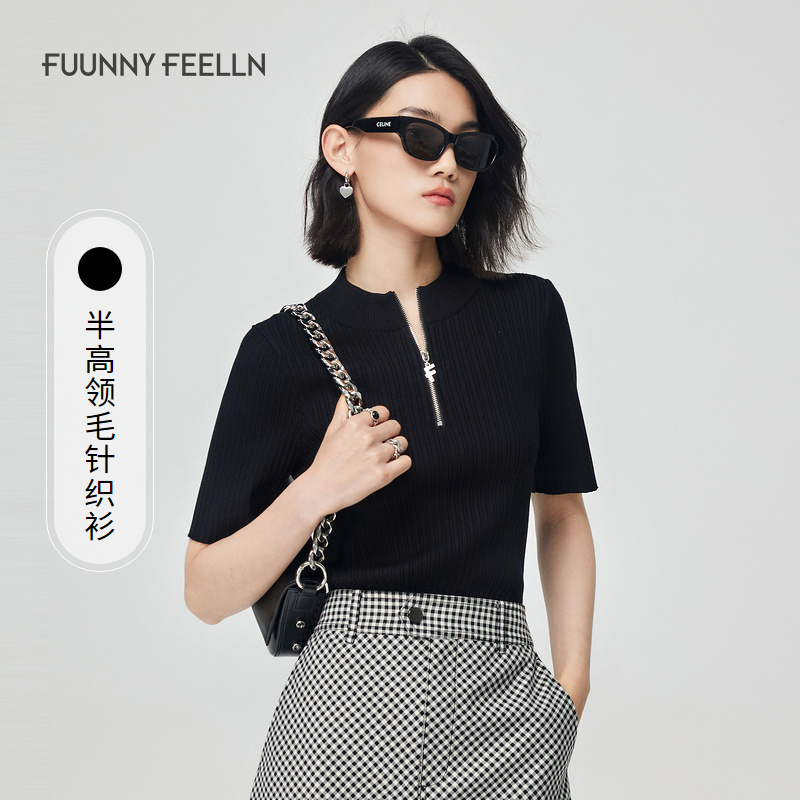 FF仿佛黑色针织衫女短袖薄款修身显瘦上衣FZ01456