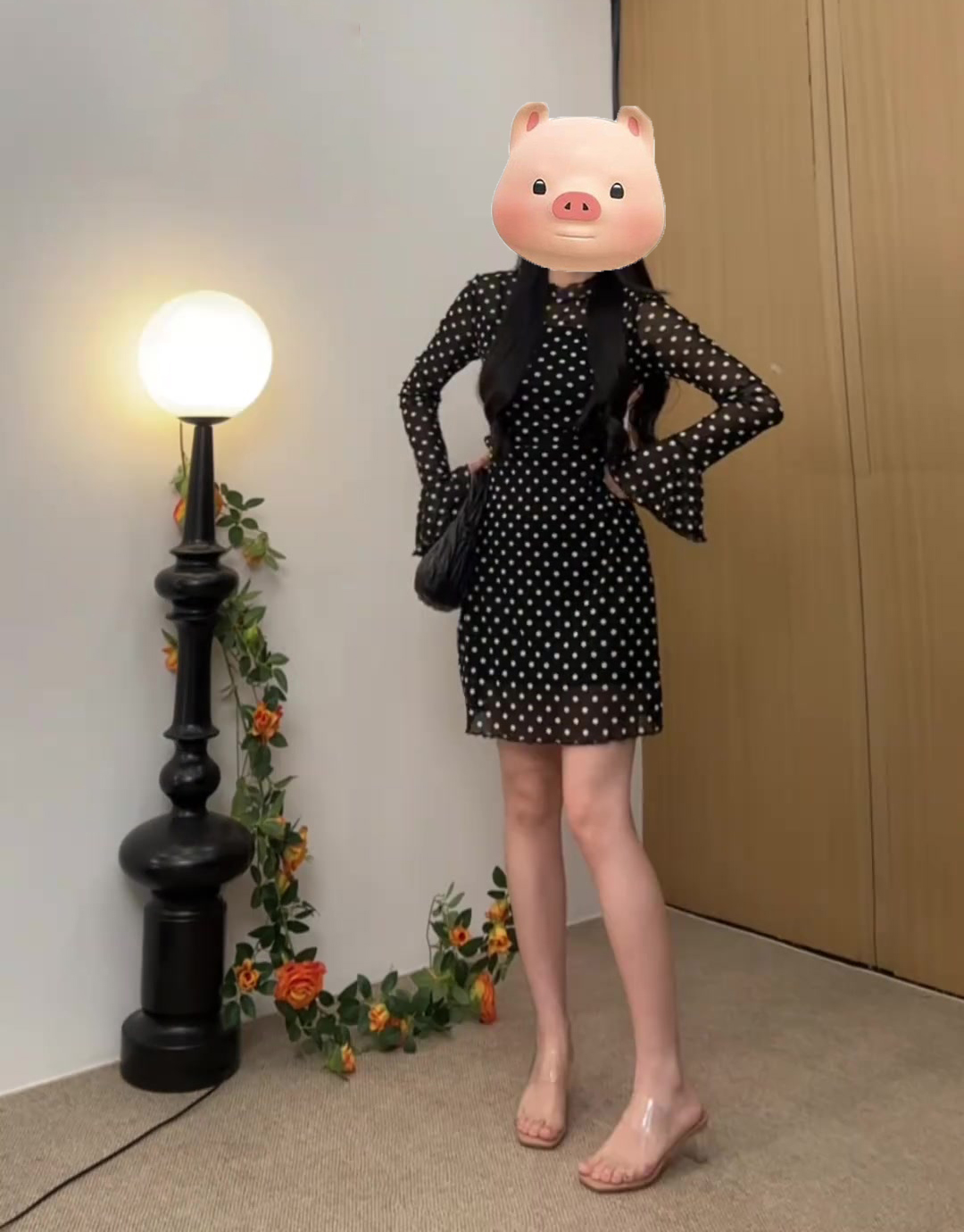 长袖圆领修身波点连衣裙时尚显瘦气质初秋新款裙子3409#