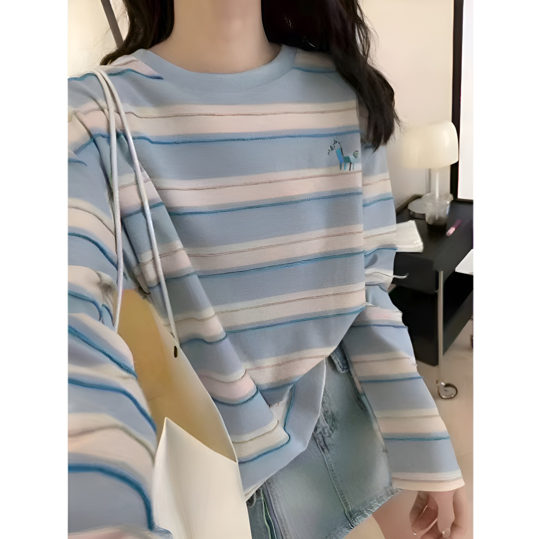 慵懒风·外贸原单【男女同款】纯棉多巴胺条纹春秋款长袖25005