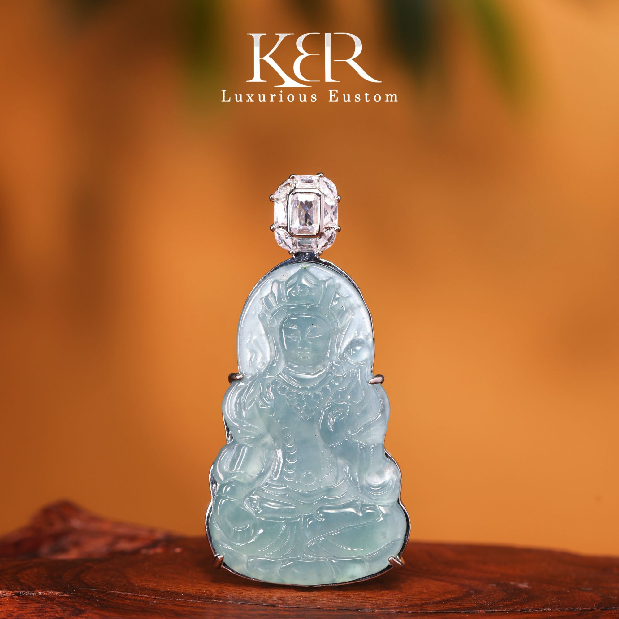 高定设计款天然A货翡翠高冰白皮度母吊坠KBR50513005