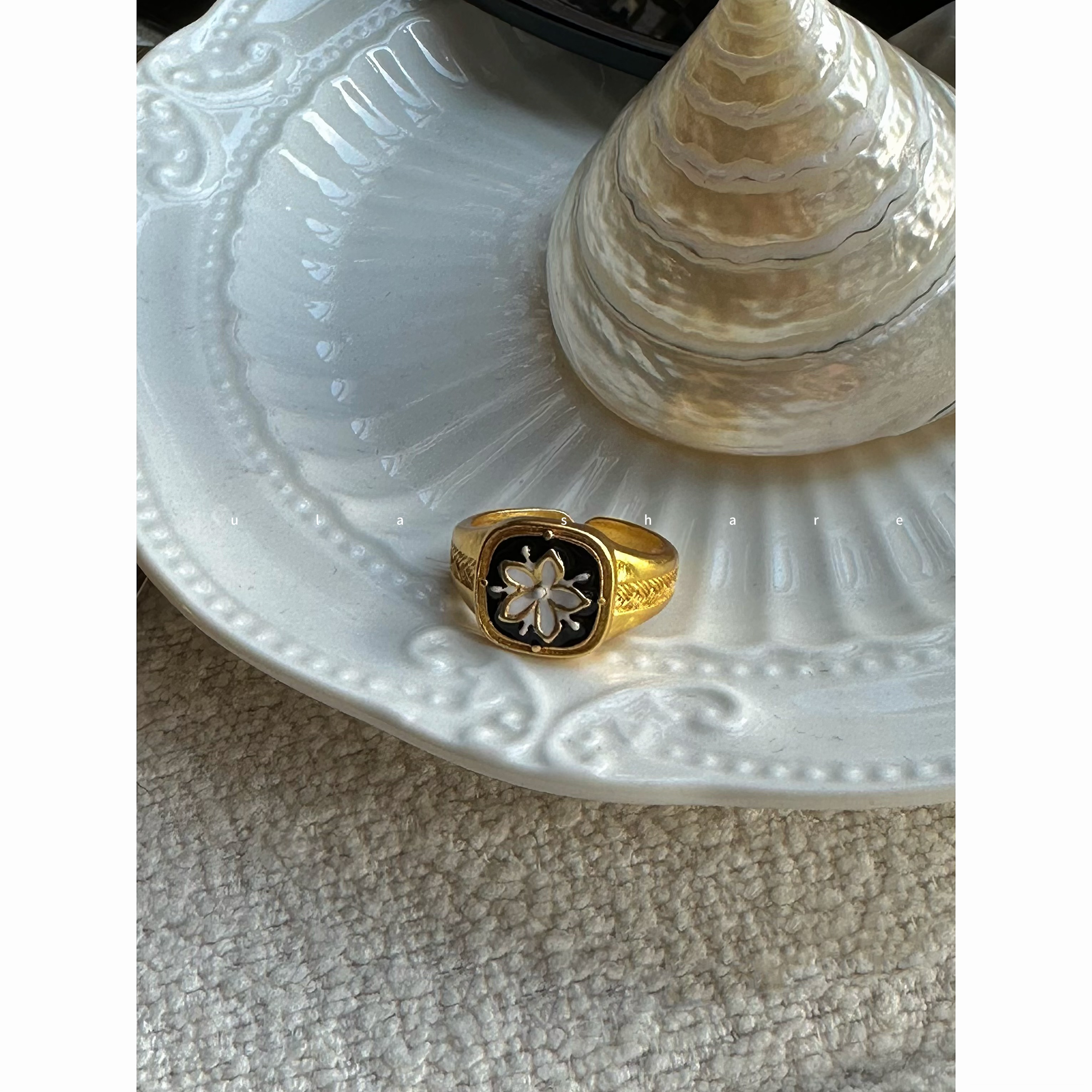 铜合金珐琅戒指 「花卉」复古立体小花开口戒 花朵方块戒指女食指戒
