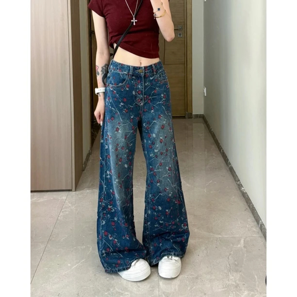 微喇牛仔裤2025夏季新款女薄款樱桃印花修身弹力时尚直筒阔腿裤子