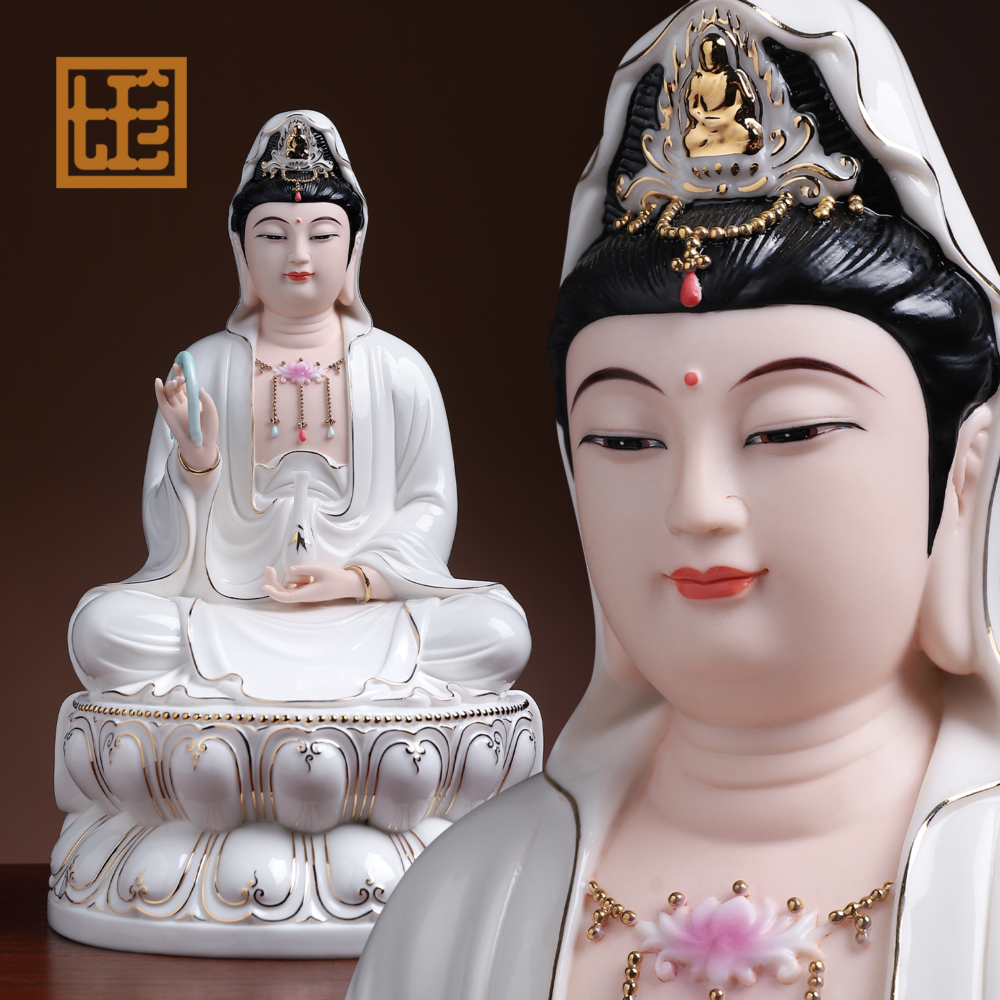七珍陶瓷白描金摆件佛像《娑婆三圣》如来观音地藏弥勒瓷像客厅家用