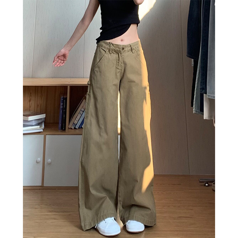 美式复古卡其色工装牛仔裤女2025秋季显瘦水洗做旧低腰阔腿拖地裤