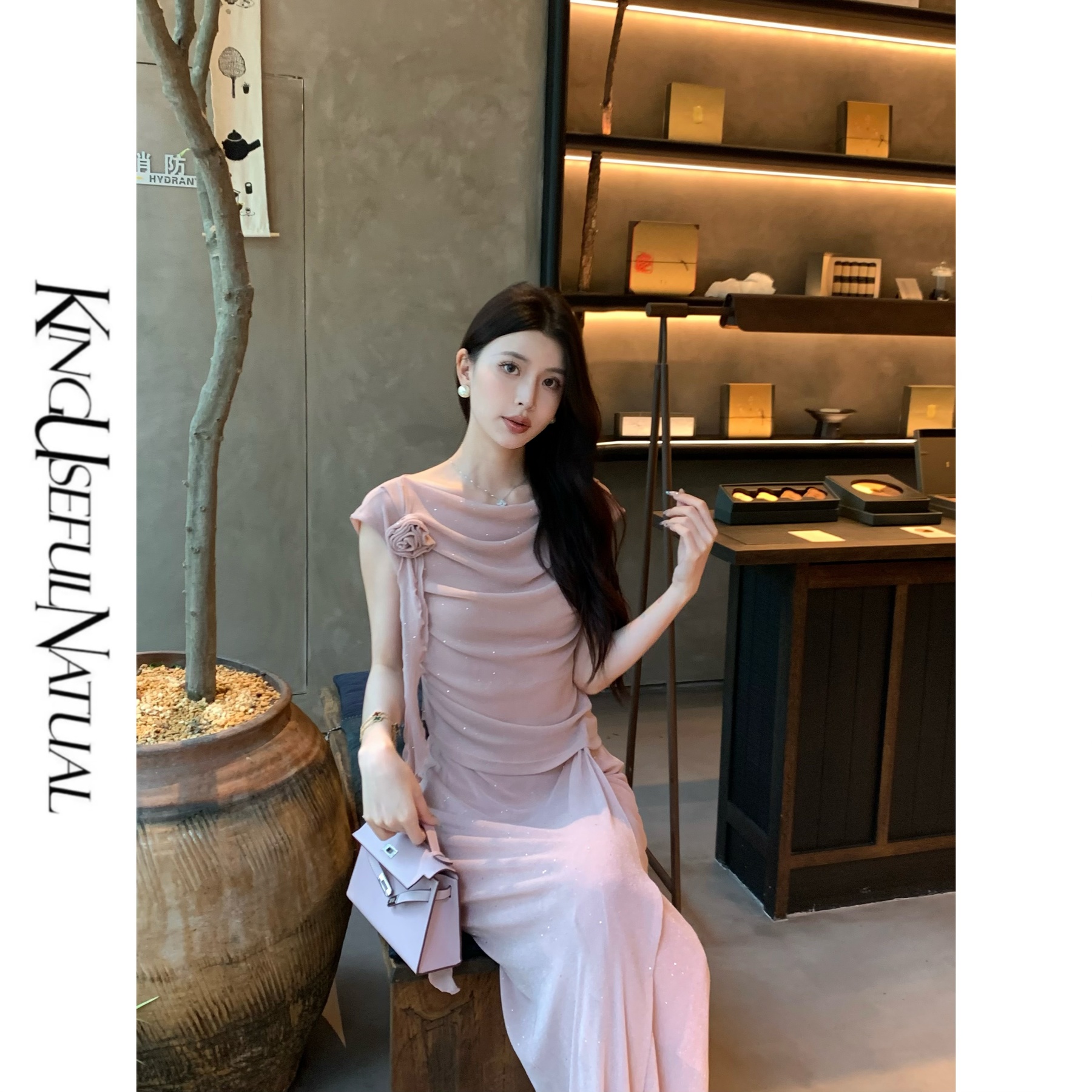 KUN【雾纱粉】浪漫氛围 针织金属丝撒银流光感扭结手工飘带盘花套装