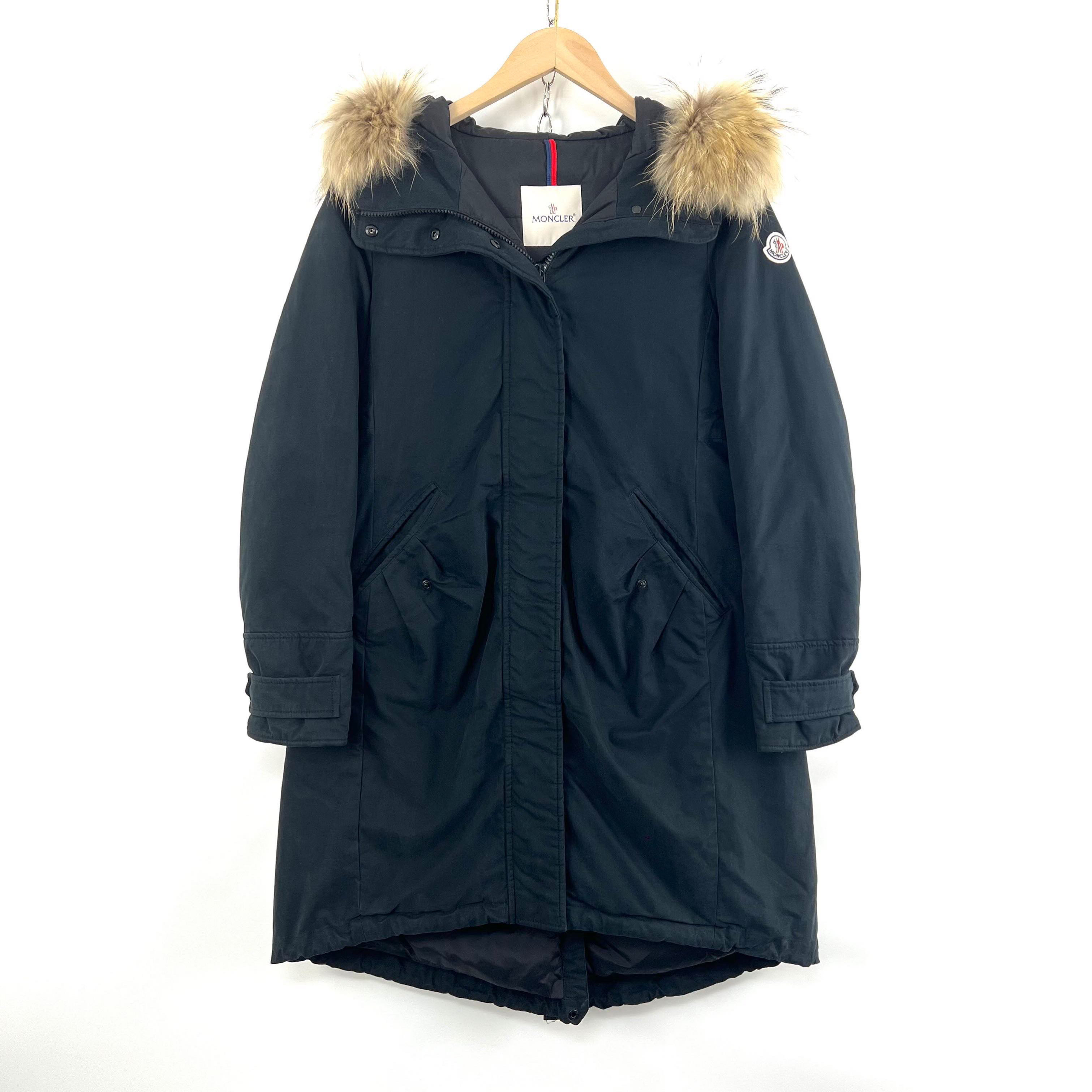 95新 MONCLER 97新/1码/深蓝色长款连帽毛领派克大衣羽绒服/09295