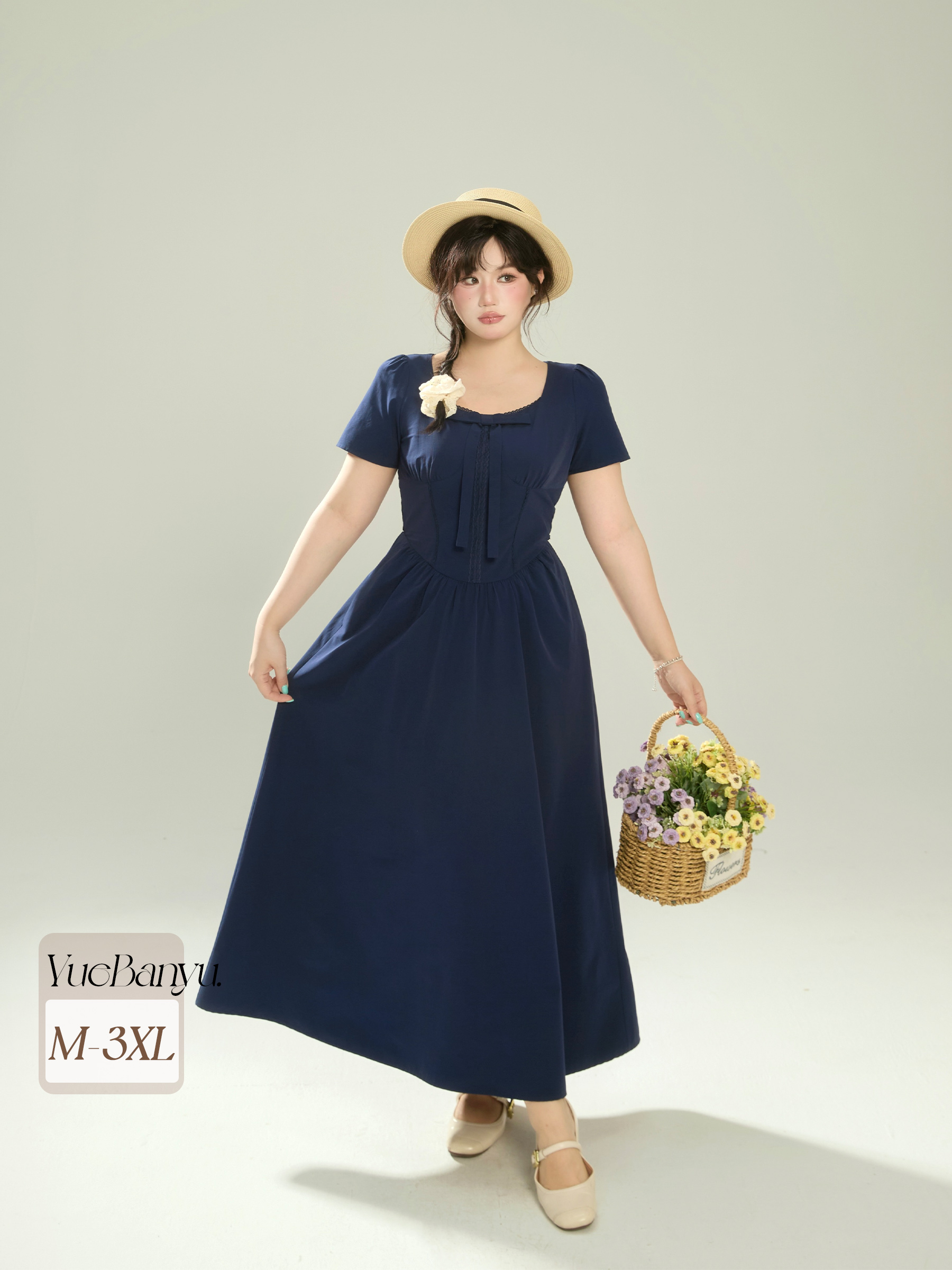 月半鱼【蓝汐】法式方领蝴蝶结收腰连衣裙2025夏季气质显瘦遮肉长裙