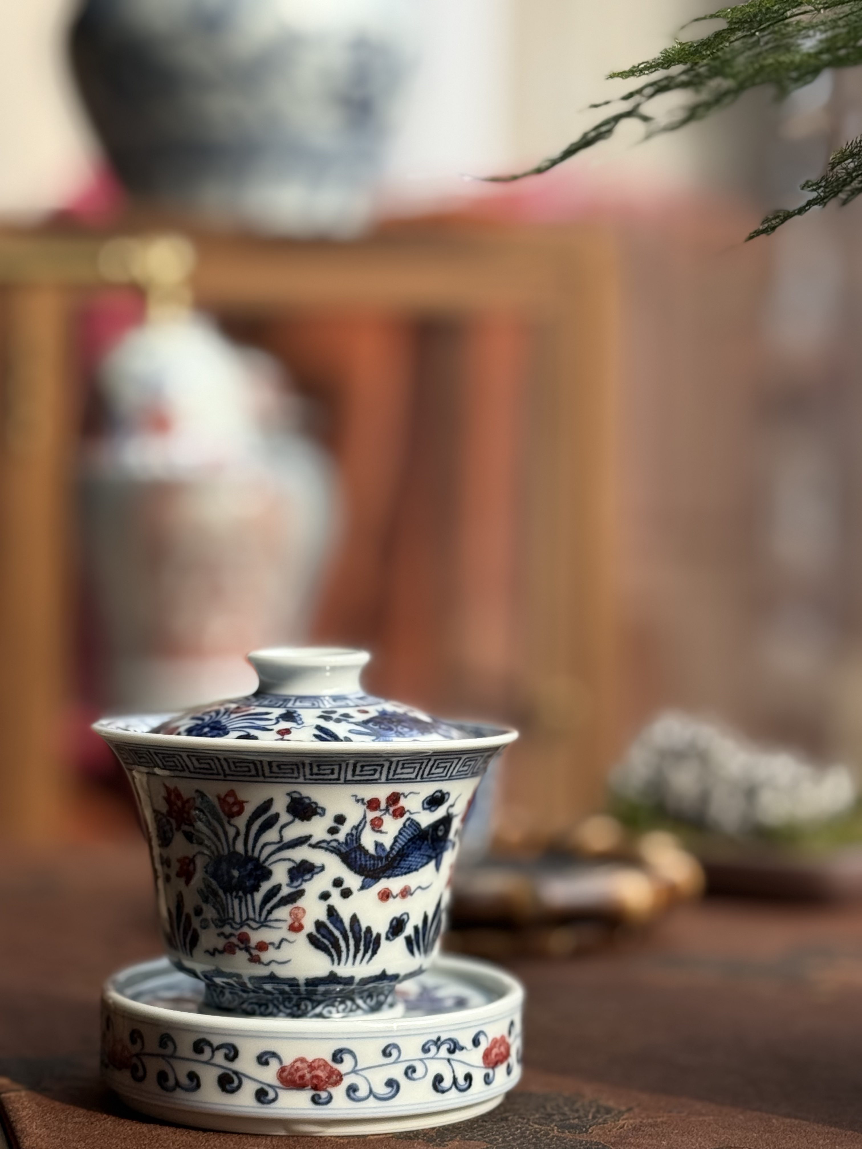 知否｜甄选景德镇陶瓷茶具仿明青花妙挚窑釉里红鱼藻纹大马蹄盖碗