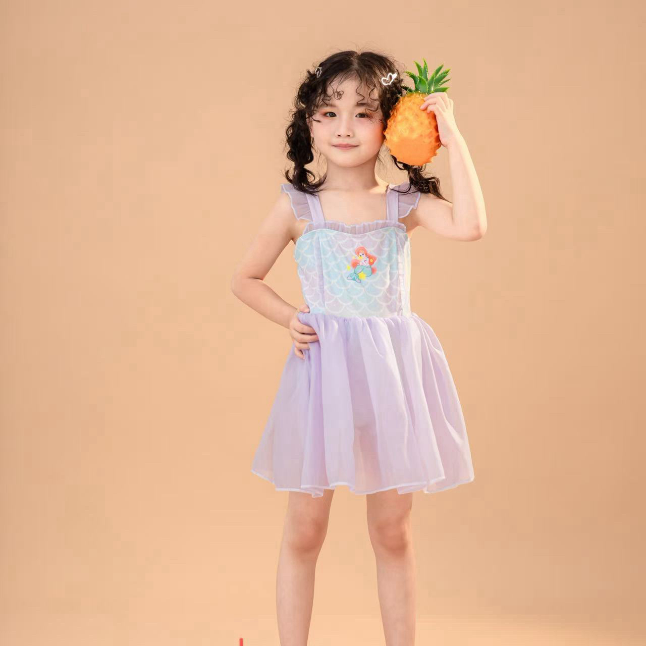 女童紫色可爱海边温泉度假气质吊带连体游泳衣