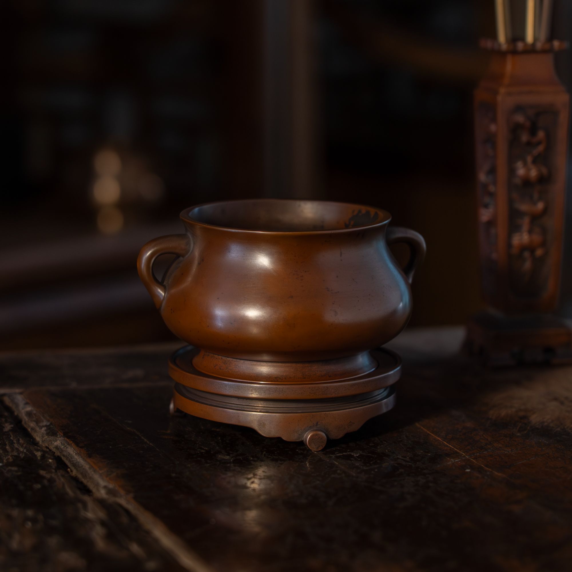 伴炉香堂苏州艺人周月康制蚰龙耳套炉火养铜炉 口径8.5厘米