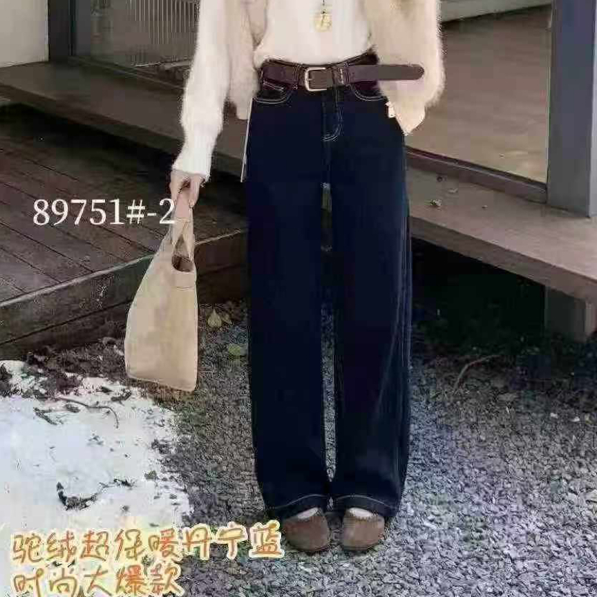 加绒加厚高腰显瘦冬季新款弯刀阔腿牛仔裤女89751