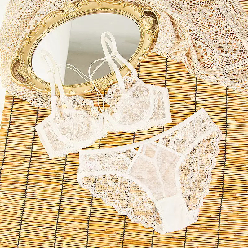法式性感蕾丝内衣女超薄款透气聚拢大胸显小白色纯欲文胸罩