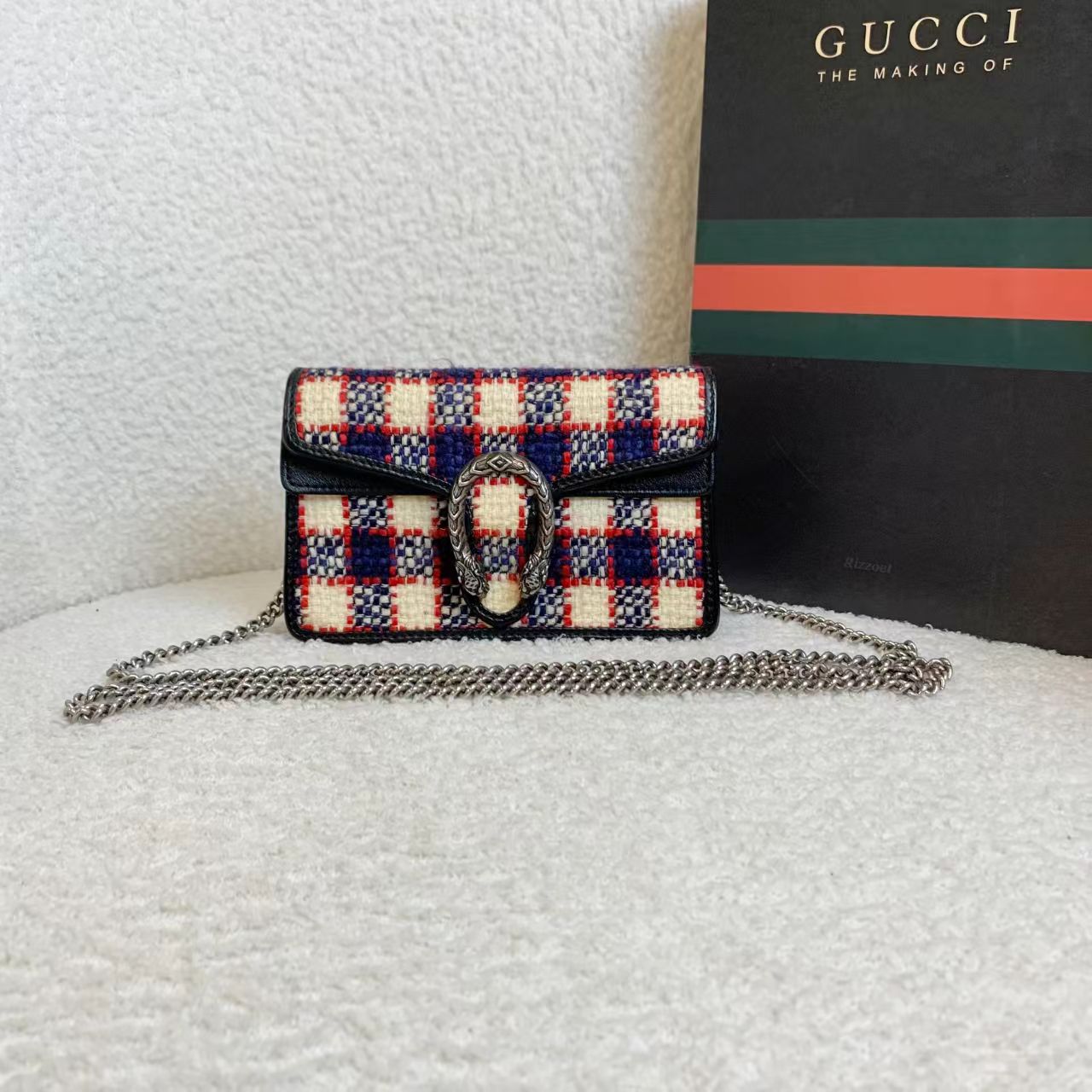 99新 GUCCI/古驰 壹臻/格纹毛呢拼皮酒神mini 49140170