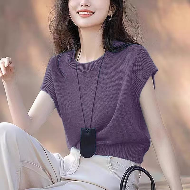 025【细纱~和纸纱】夏季薄款凉感落肩袖宽松显瘦纯色圆领针织衫上衣