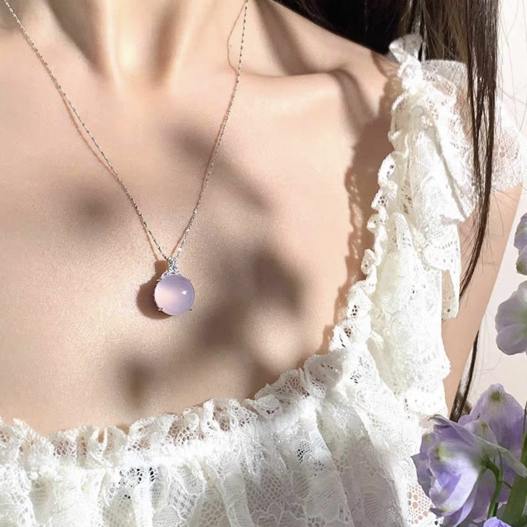 高级感冰透白色粉色绿色玉髓项链小众设计轻奢气质圆蛋面锁骨链