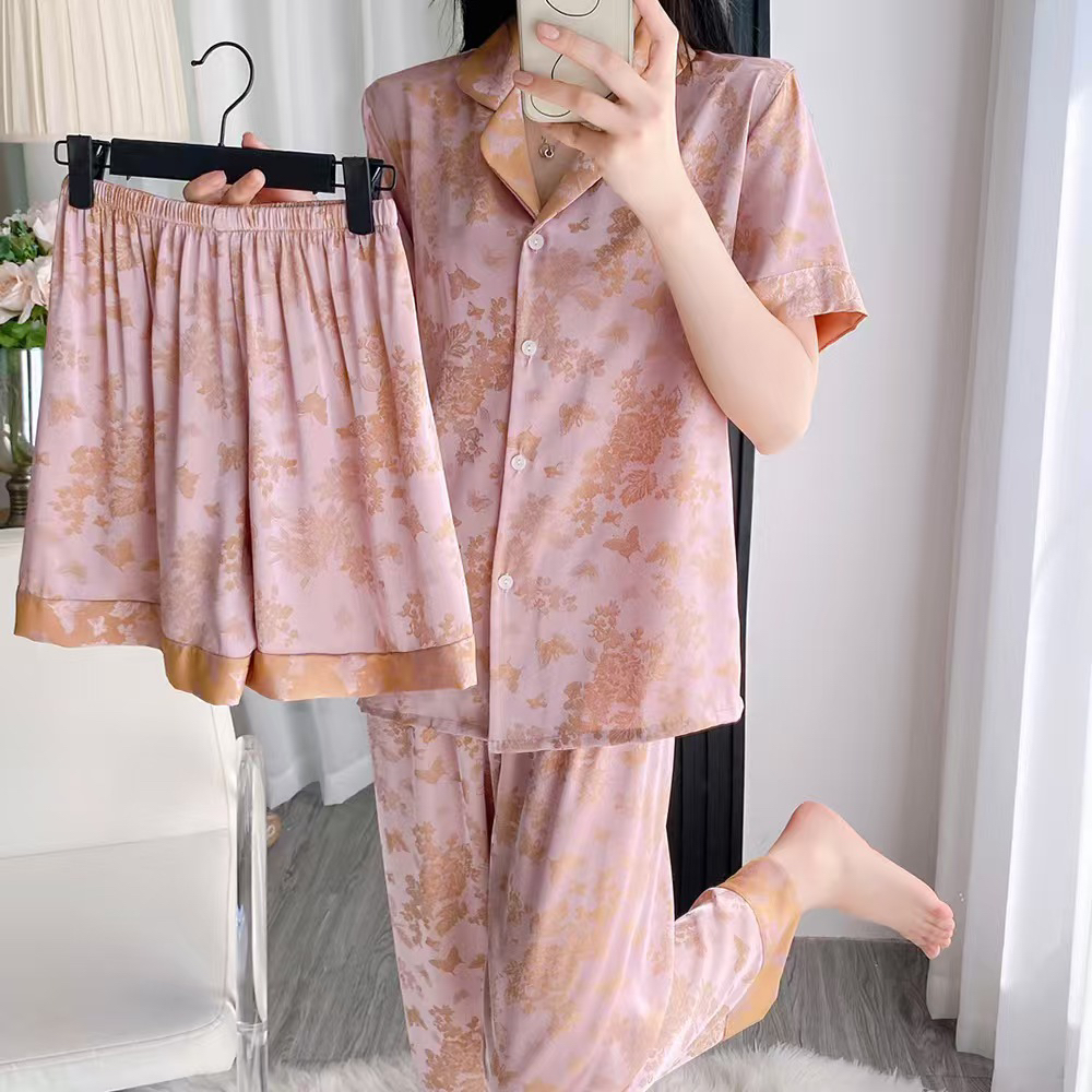 夏季提花三件套冰丝女士睡衣家居服可外穿时尚高级感