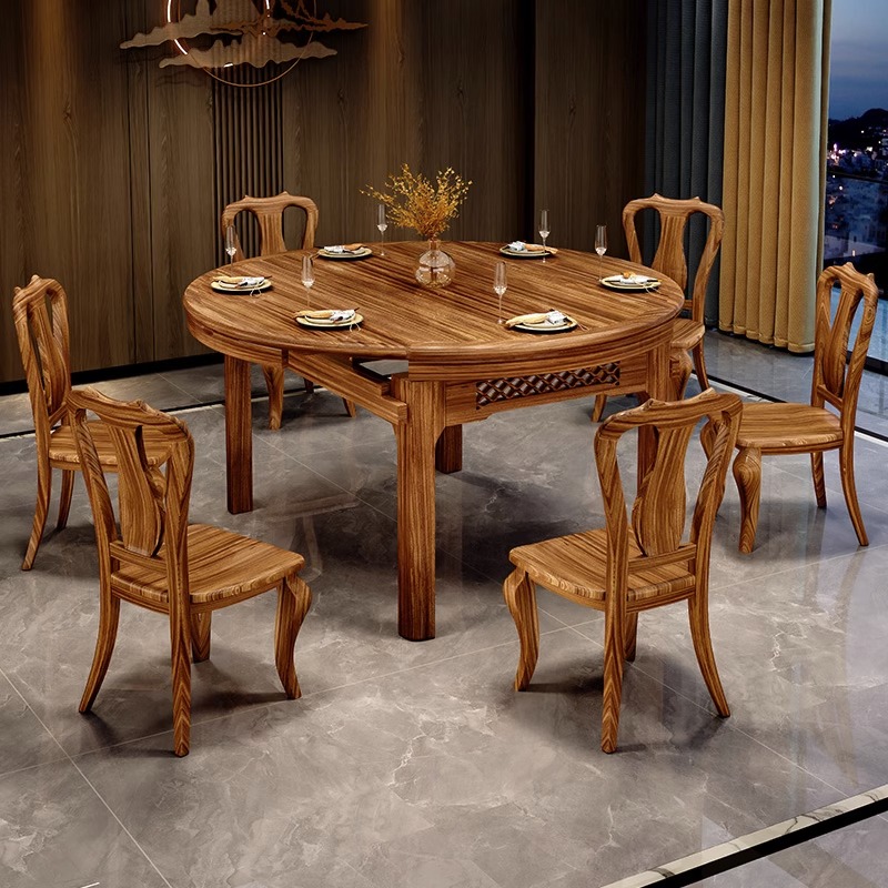 新中式乌金木伸缩餐桌椅组合家用简约客厅大理石圆形实木可方可圆