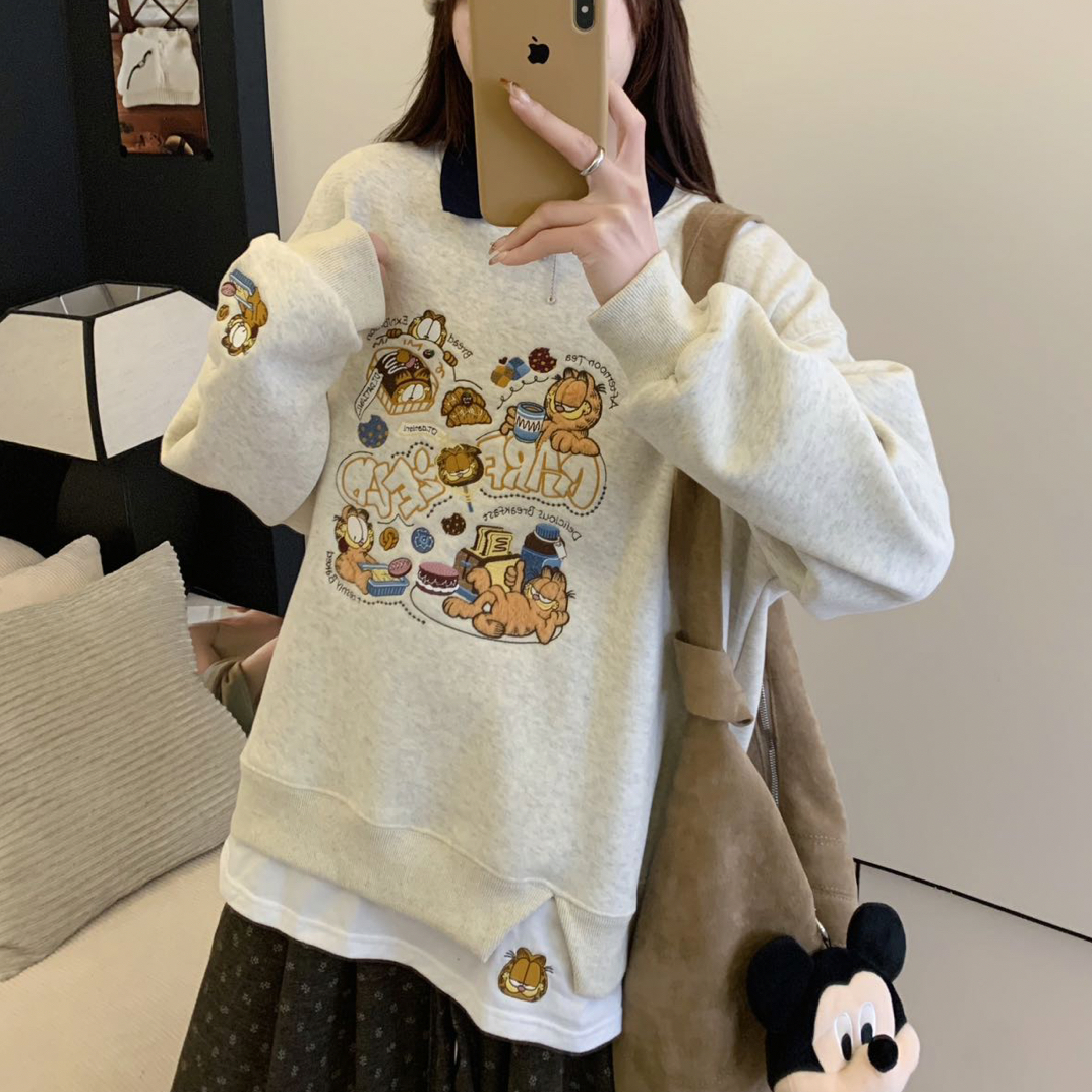 （加绒加厚）3716加菲猫重工刺绣翻领中长款长袖卫衣套头宽松韩版女