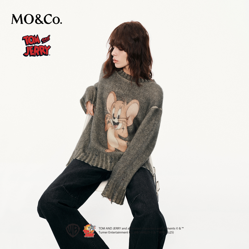 【陈嘉尔专属】MOCO毛衣针织衫猫和老鼠联名系列刺绣漏针MBE3SWTT13