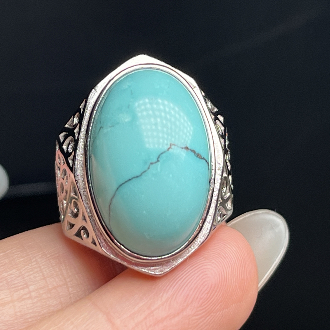 湖北十堰原矿绿松石秦古料高瓷高色水草纹男士戒指