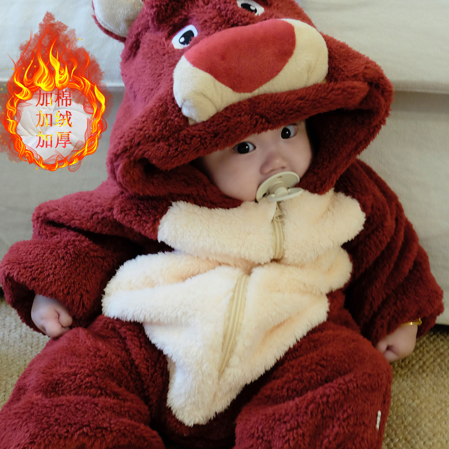 婴儿冬季长袖加厚拉链爬服男女宝宝超萌加绒保暖外出服草莓连体衣