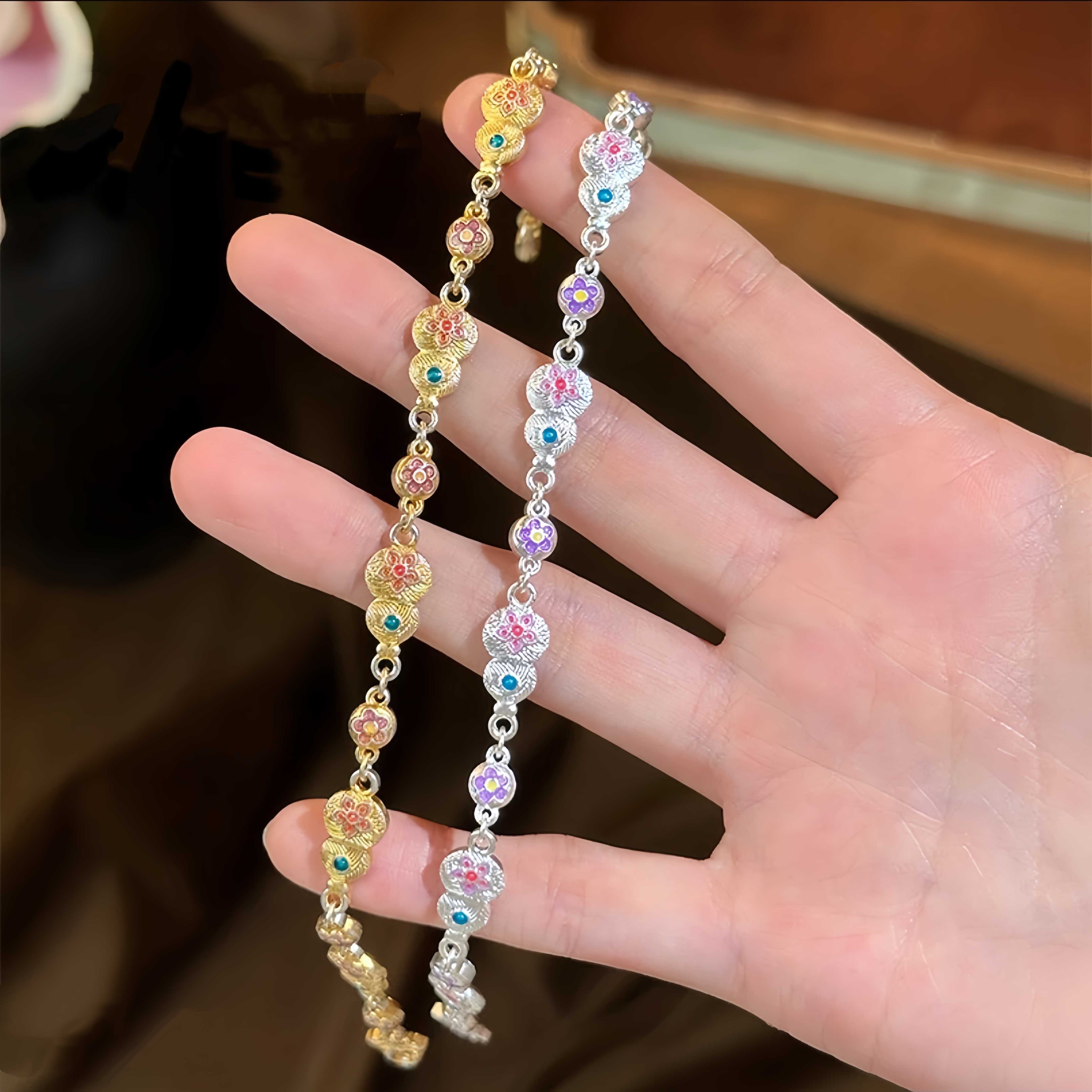 足银珐琅手链 {福禄.双全}纯银手链-足银999.9糖果色百搭小众简约