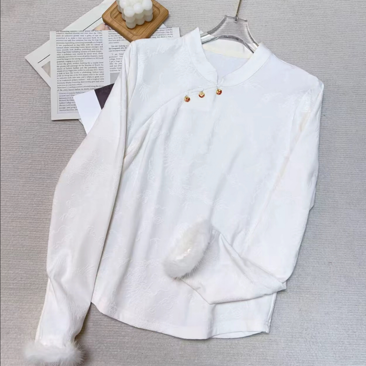 [如意] 水貂毛打底加绒秋冬中国风纽高端版宽松百搭上衣