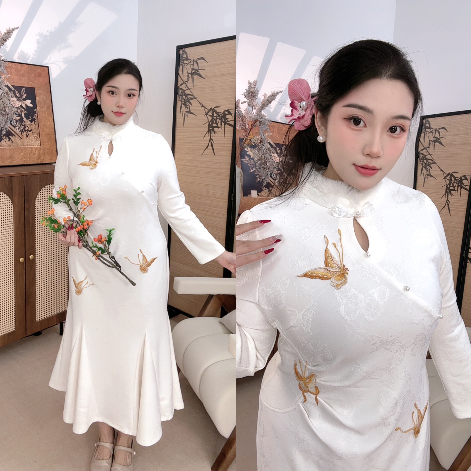 52017胖MM2025秋冬新款新中式温柔超仙收腰鱼尾起旗袍长裙