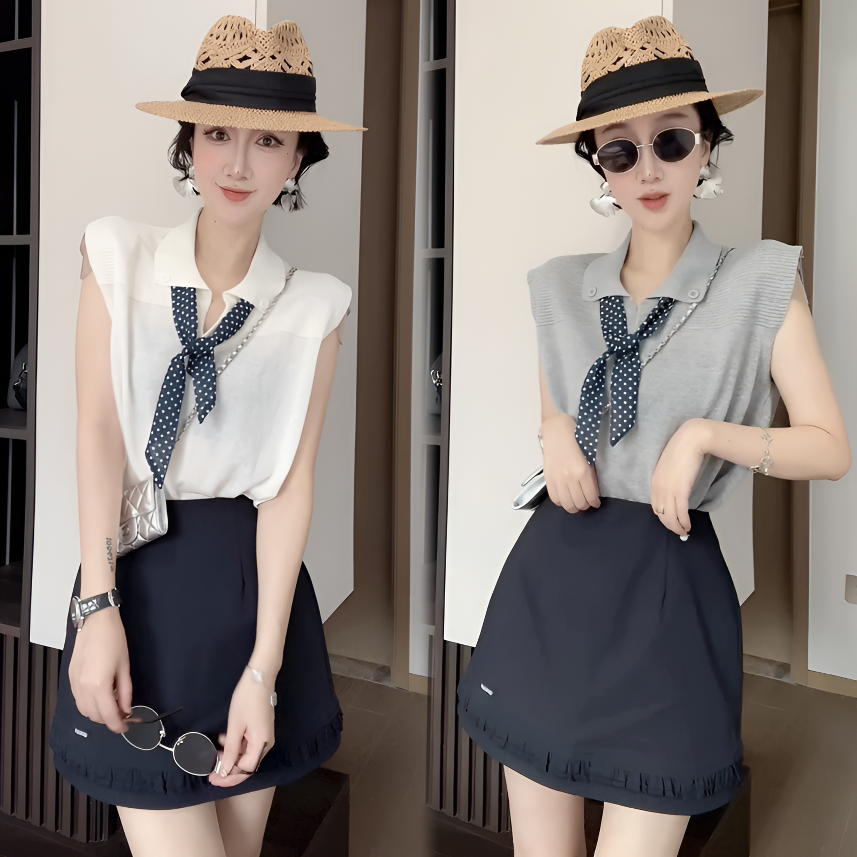 2025夏季新款针织衫圆领拼接衬衫无袖上衣套装休闲高腰半身裙女