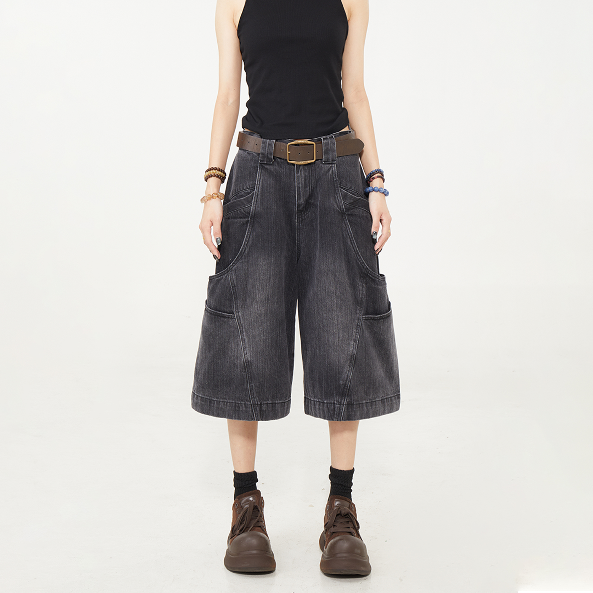  出前一町夏季新款街头风水洗多口袋七分裤中性风休闲宽松牛仔裤