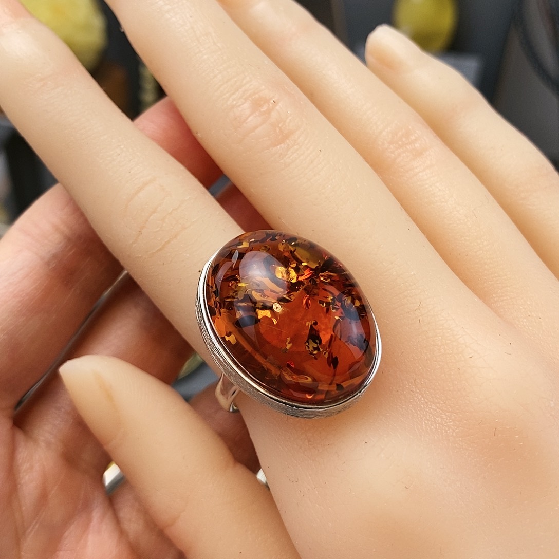 琥珀裸石银S925镶嵌戒指