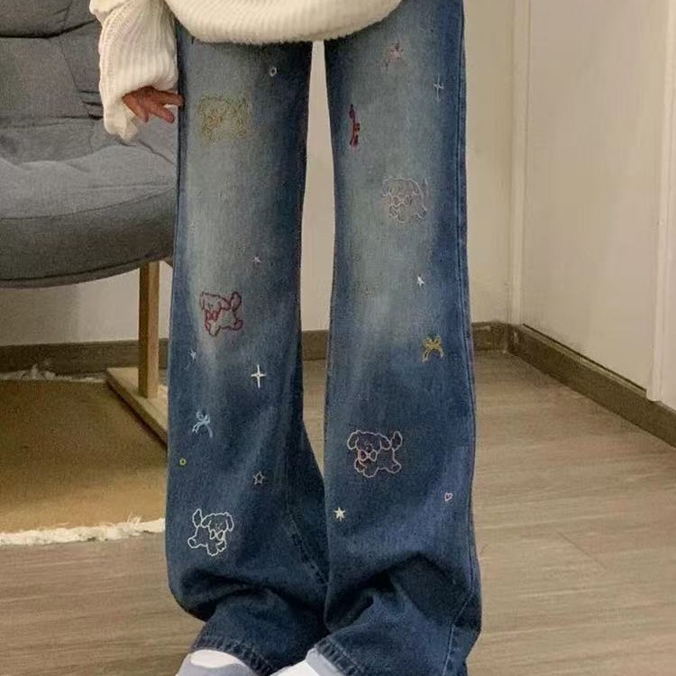 LL琳加绒多巴胺彩色刺绣小狗水洗蓝牛仔裤设计感裤潮直筒裤2936