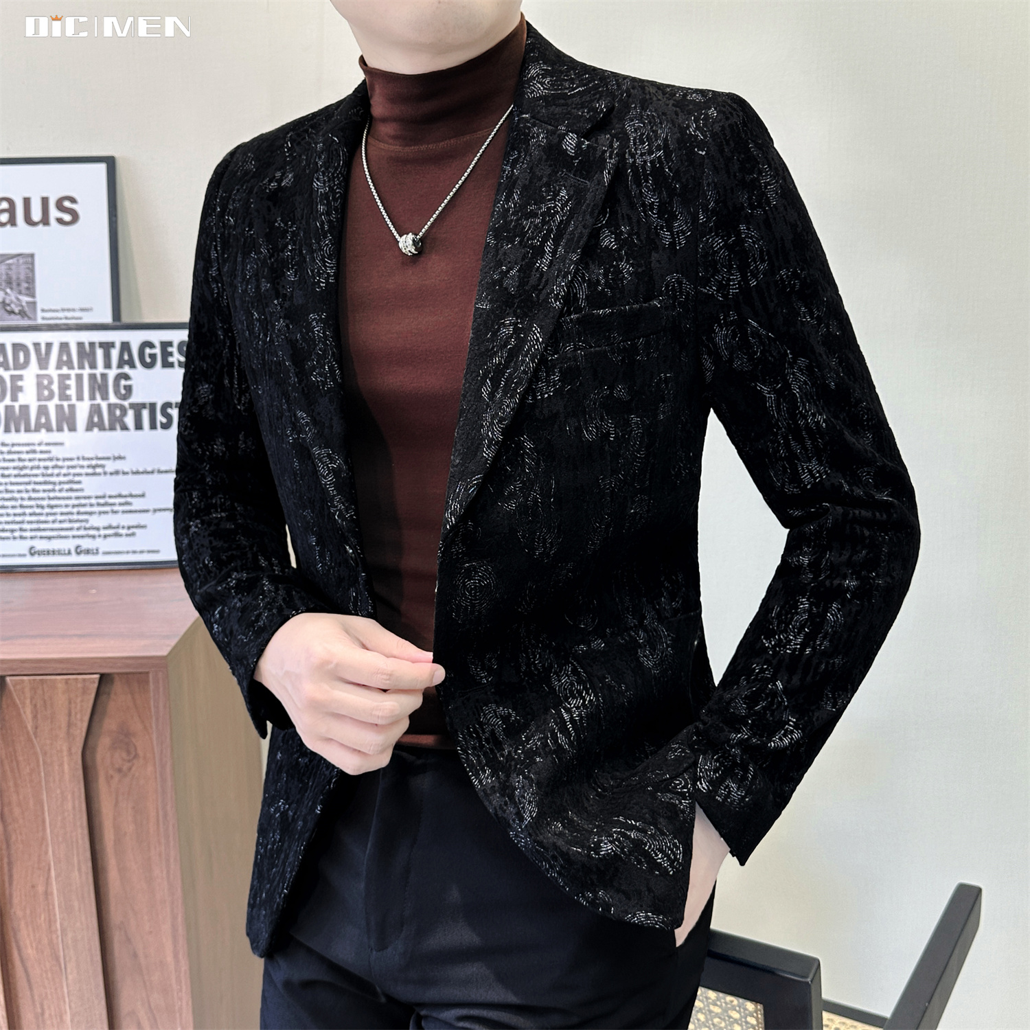 高级感暗纹提花丝绒西装男士轻奢修身礼服商务休闲两用单西外套