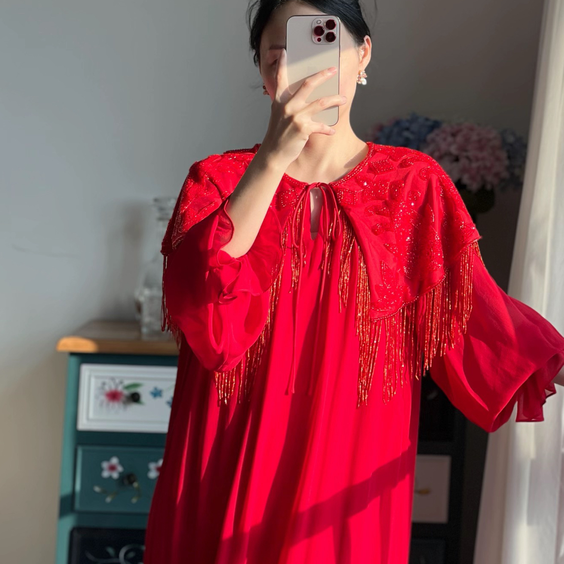 （如意）连衣裙宽松V领套头显瘦复古裙子公主女装礼服设计师红色