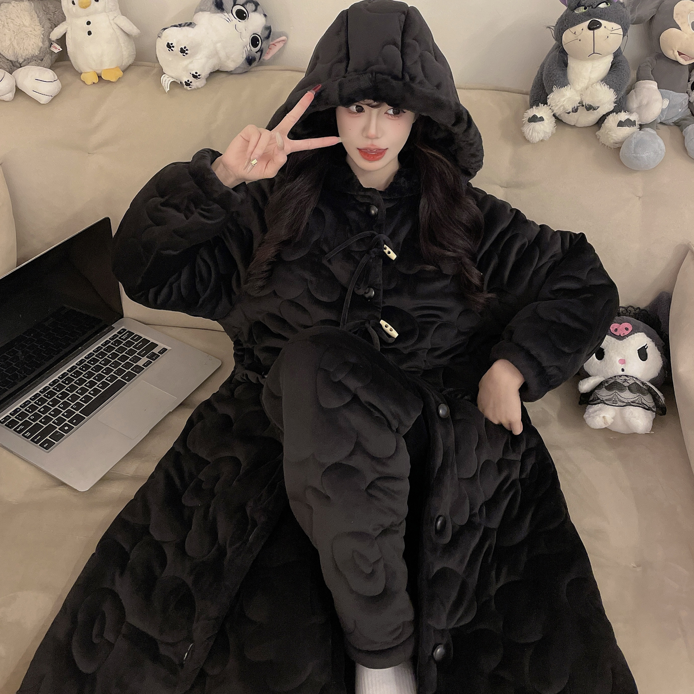 【H701女长袍冬季新款睡衣】女三层加厚加绒夹棉睡衣套装可外穿