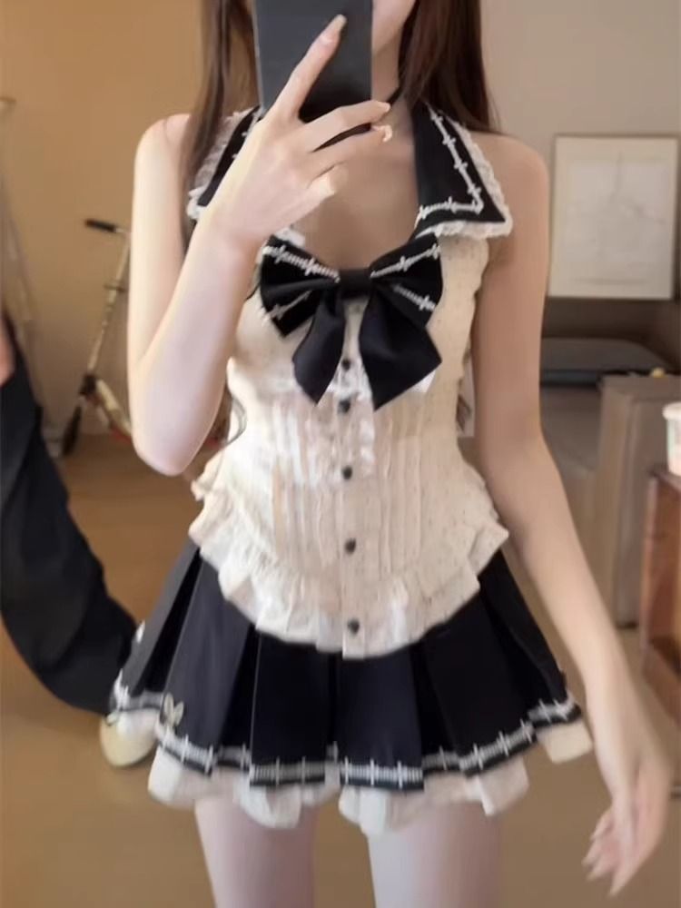 韩系甜美学院风套装裙蝴蝶结撞色露肩上衣洋气百搭显瘦短裙两件套
