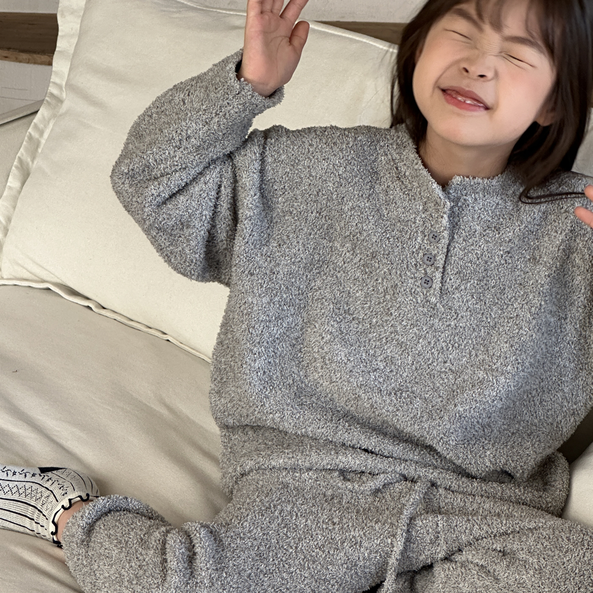 【家居服】亲子侘寂风半边绒秋冬加厚小V领家居服套装