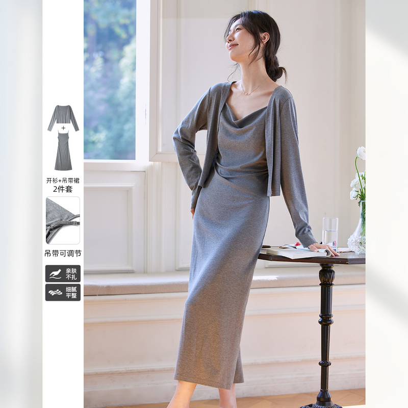 M含棉时尚休闲连衣裙套装短外套搭吊带裙女A0806