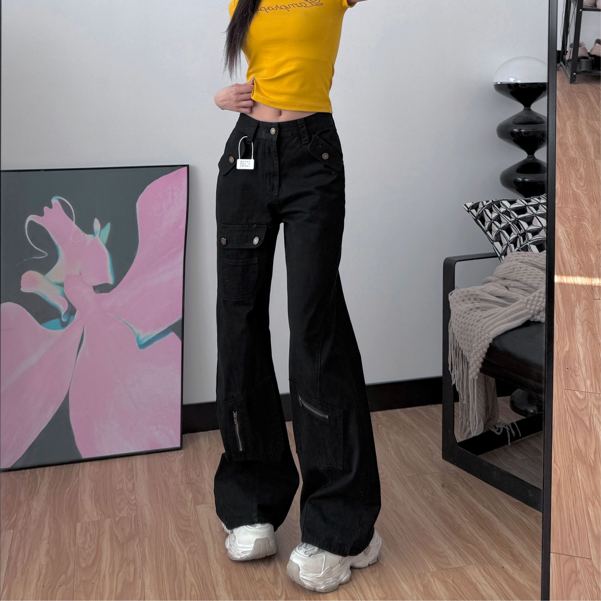 秋冬美式设计感多口袋微喇直筒175高个子高腰牛仔拖地工装裤7058