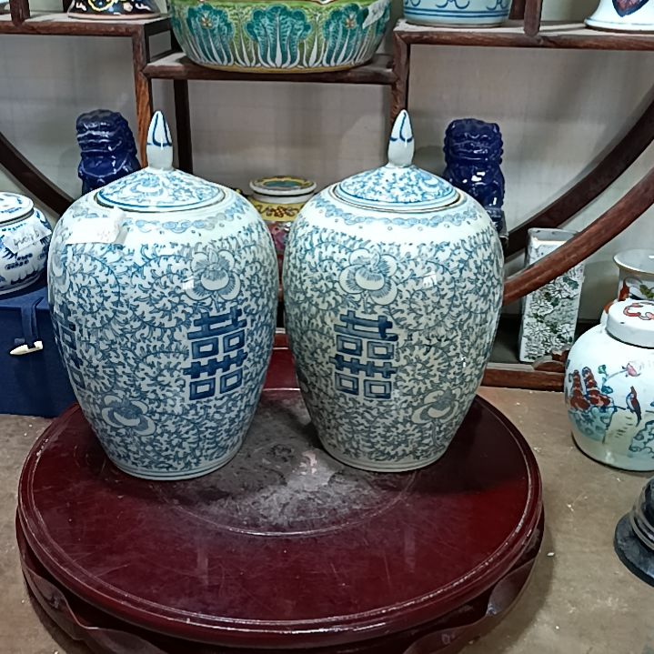 摆件s***0青花缠枝莲罐子一对全品