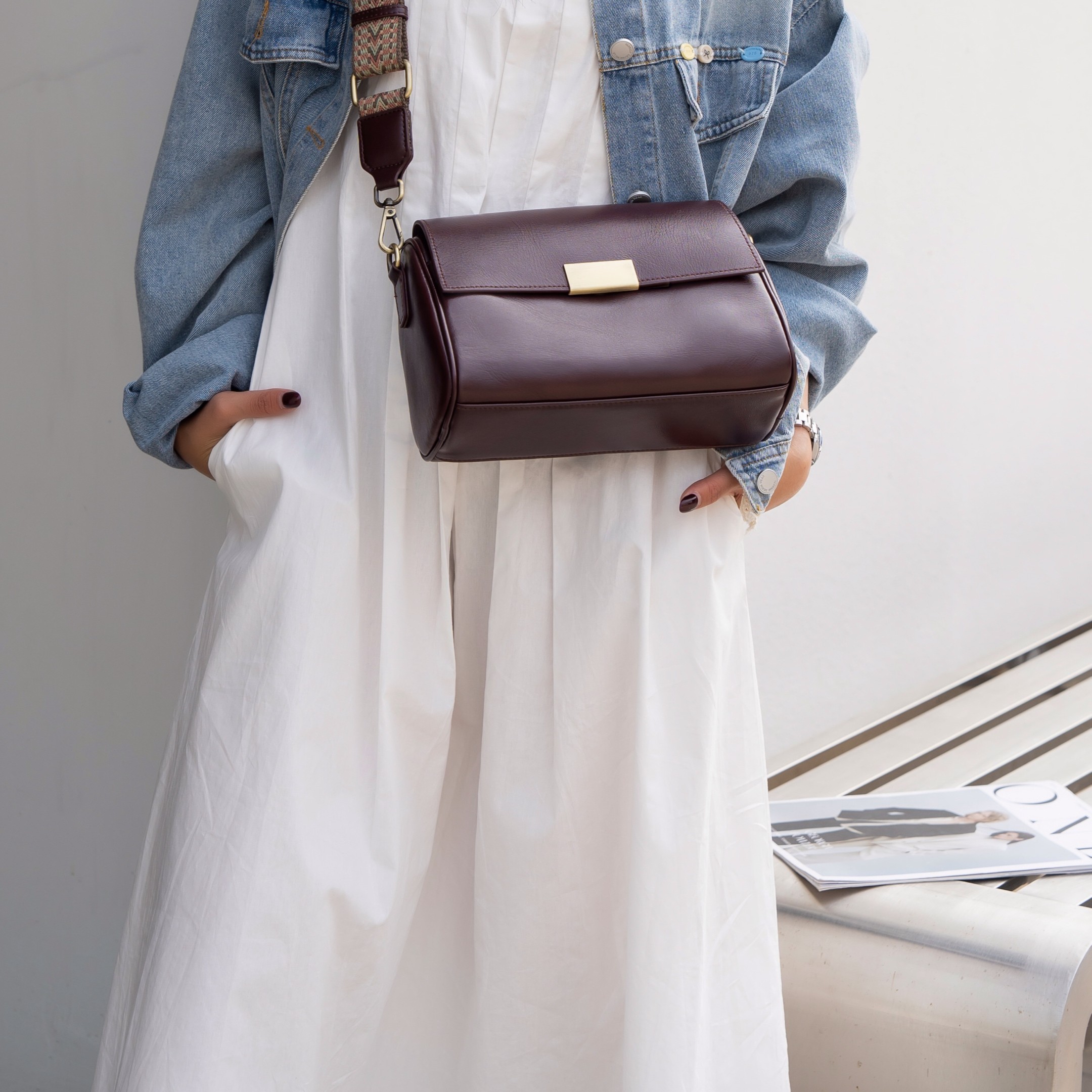 耐脏百搭扣式拉链暗袋做旧小包包腋下单肩包竖式9251