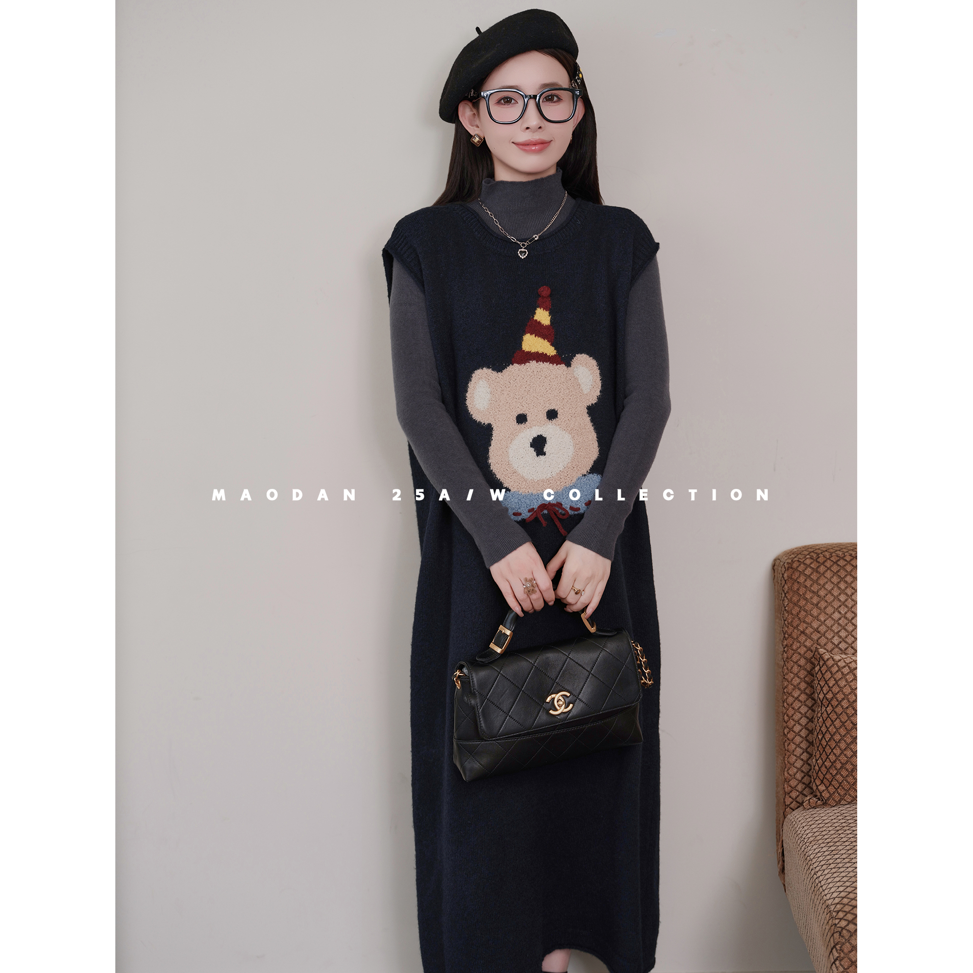 maodan/猫单【派对熊仔】孕妇套装秋季新品可爱卡通甜美内搭背心裙