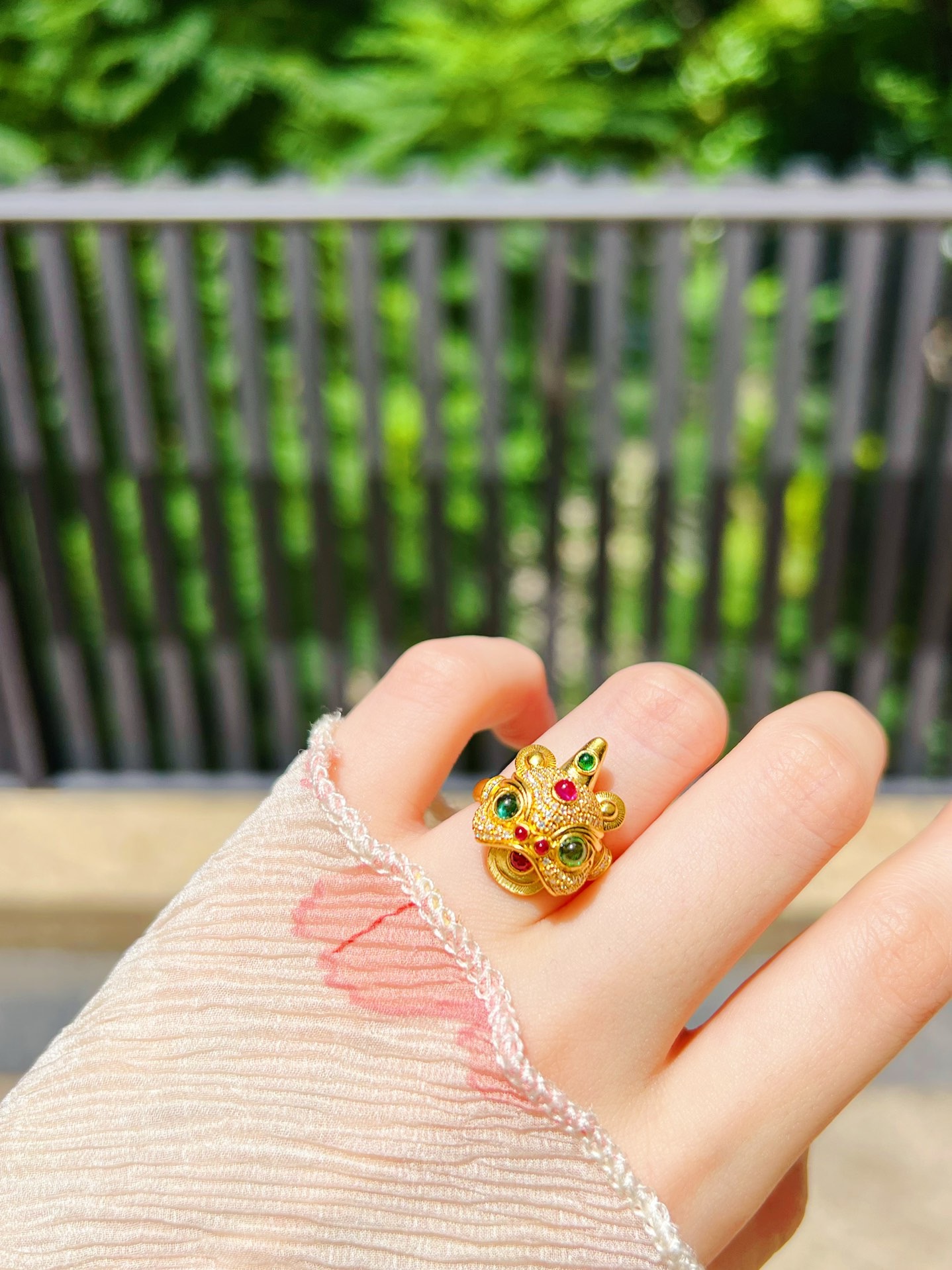 足金999黄金实心戒指古法镶嵌国潮风醒狮戒指开口可调节招财辟邪