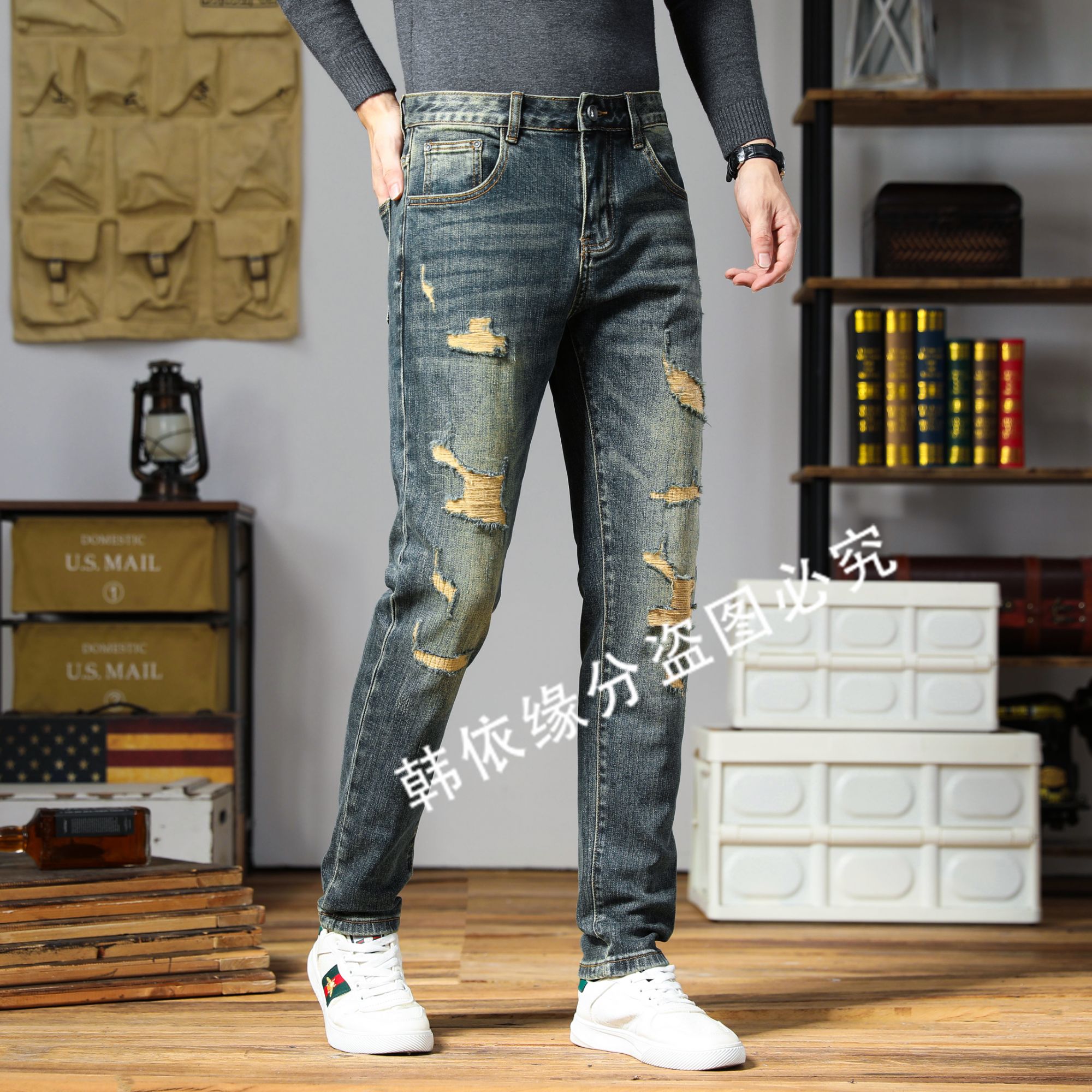 秋冬新款男士牛仔裤个性潮流百搭复古修身小脚裤显瘦长裤/九分裤